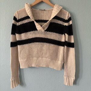 James Perse Hooded Knit Striped Sweater Cotton Linen Knit Crop